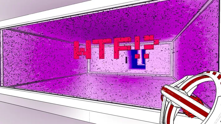 Red cubes through purple forcefield in the shape of the letters WTF!?.